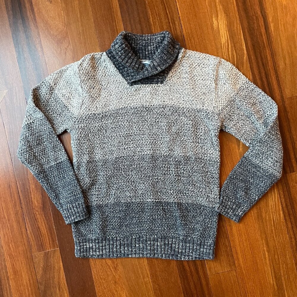 Old Navy Sz 10-12 Gray / Dark Gray Striped Shawl Collar Cotton Sweater